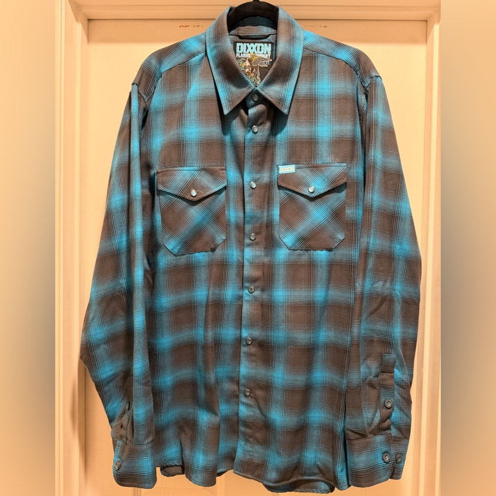 DIXXON "Pacifica" Teal and Gray Plaid Button Down Flannel Shirt Men's XL